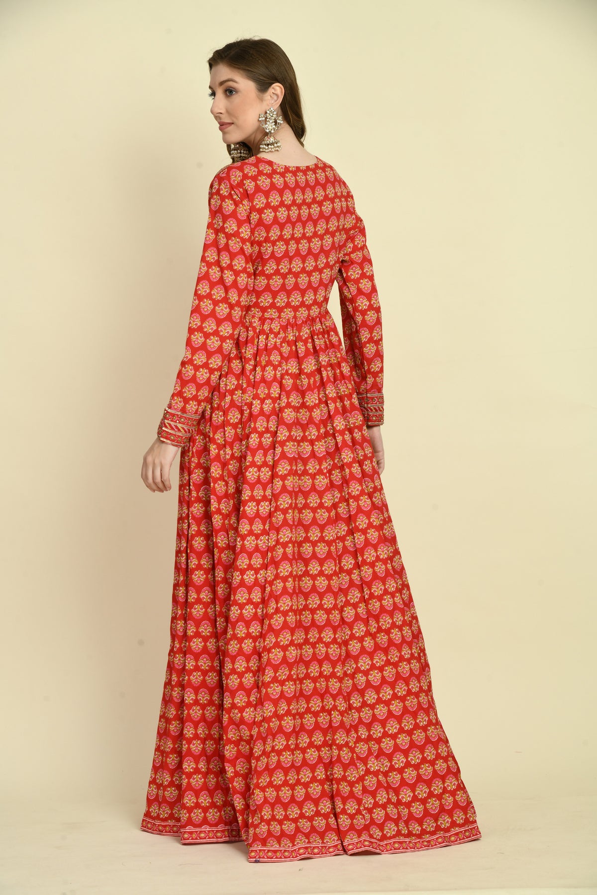 Red Floral Cotton Hand Embellished Full-Sleeve Long Dress