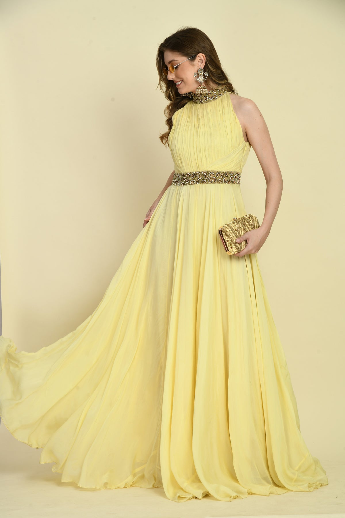 Pale Yellow Hand Embellished Halter Neck Organza Flared Dress
