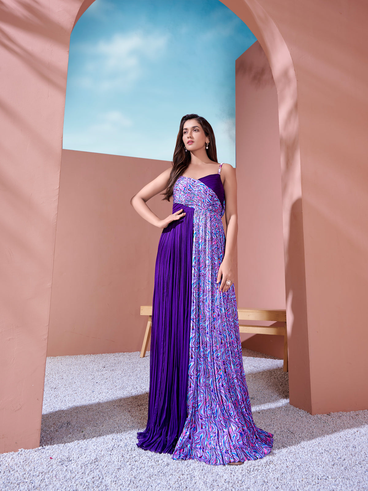 Purple Geometric Half-and-Half Long Dress with Embellished Belt