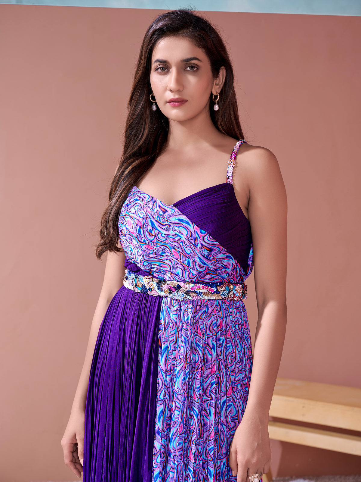 Purple Geometric Half-and-Half Long Dress with Embellished Belt