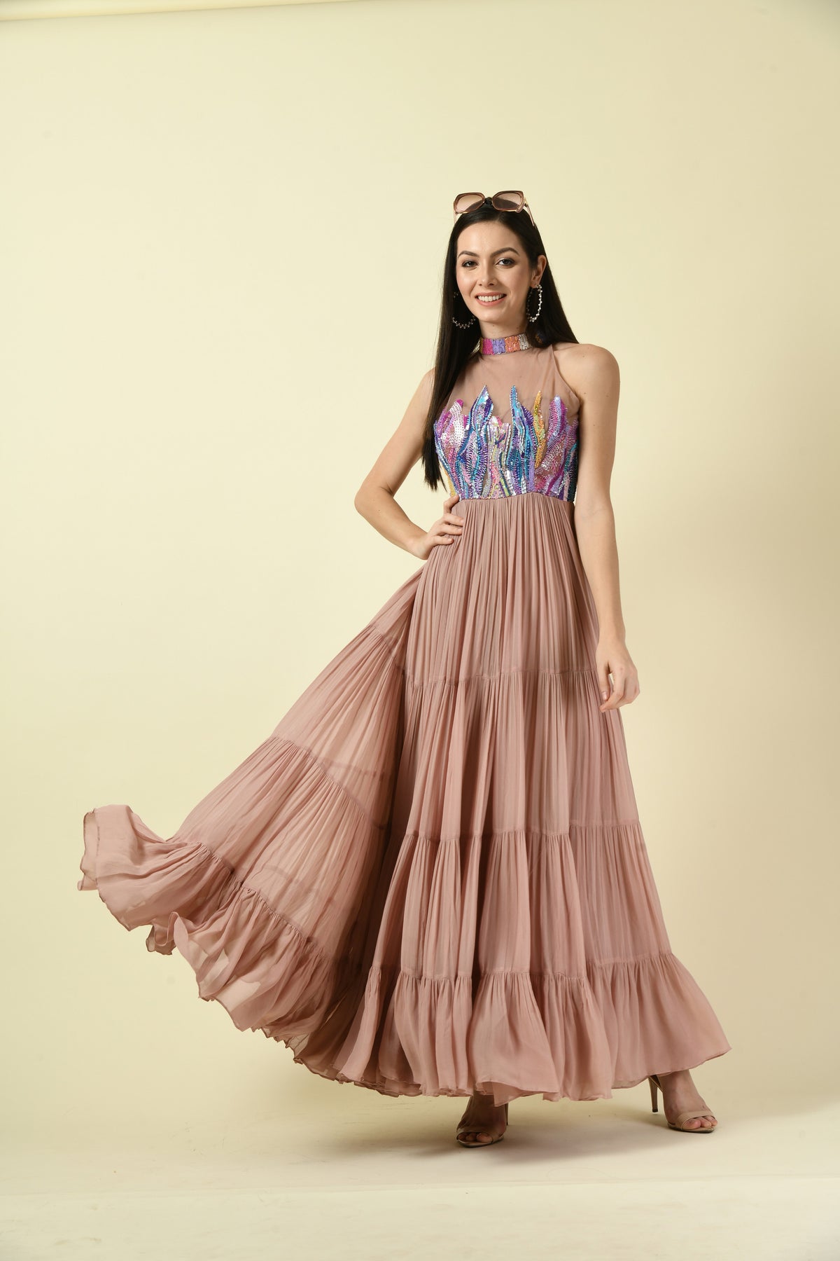 Onion Pink Hand Embellished Halter Neck Long Dress