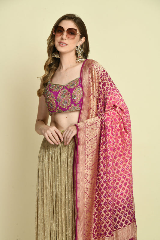 Wine Brocade Hand Embellished Crop Top and Golden Lehenga