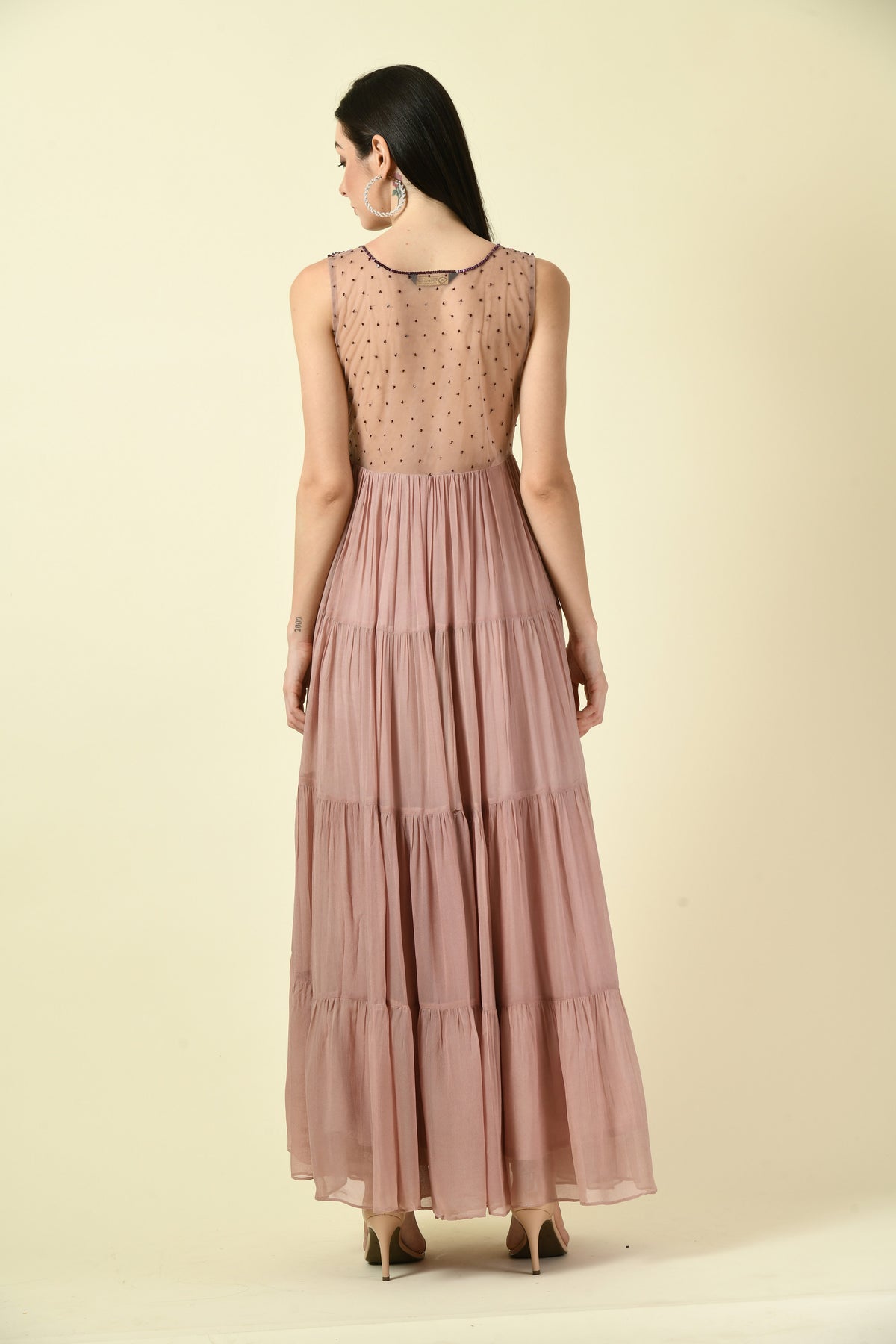 Onion Pink Hand Embellished Sleeveless Long Dress