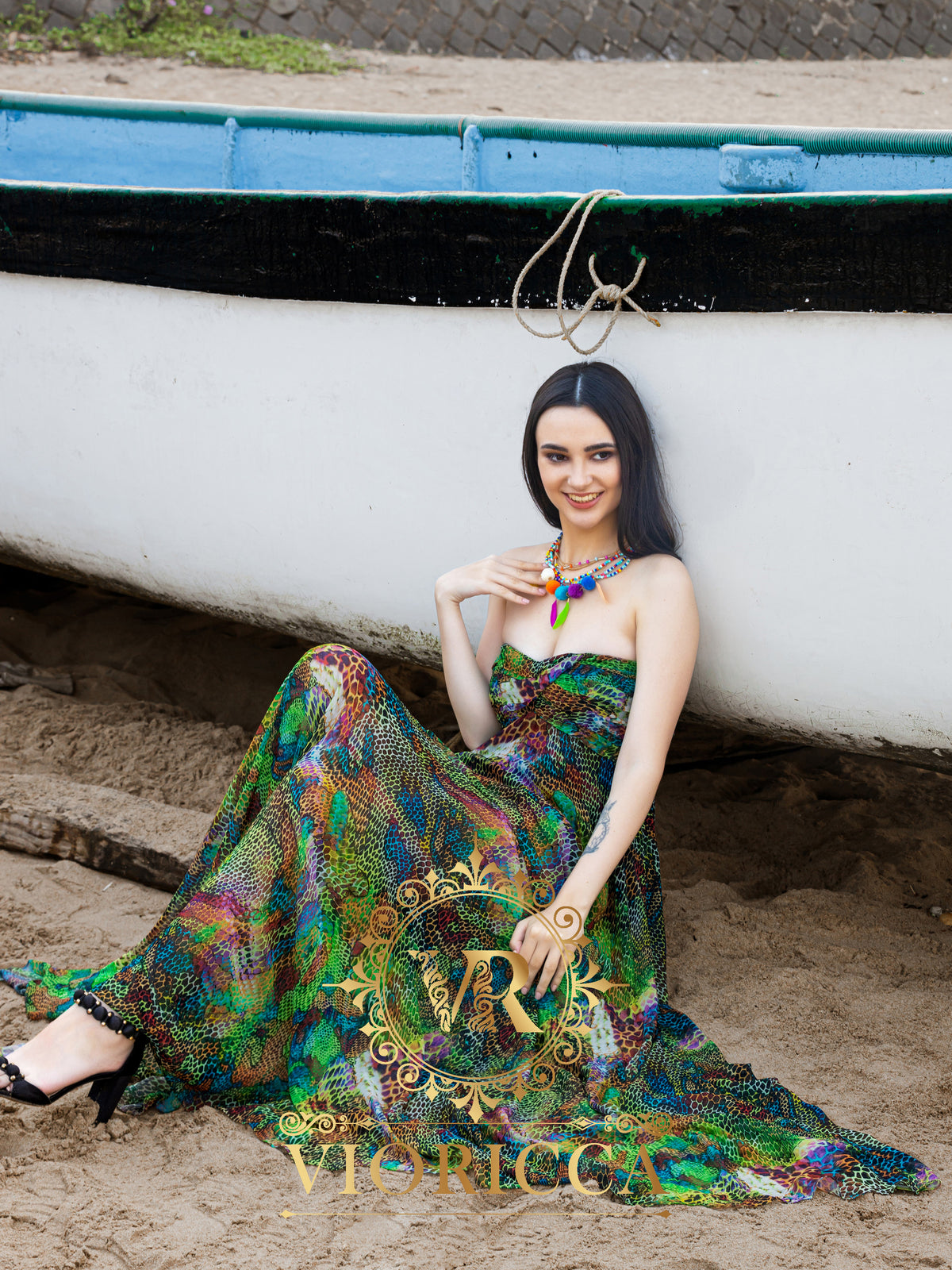Strapless Heavy-Flare Resort Long Dress – Green Cheetah Print