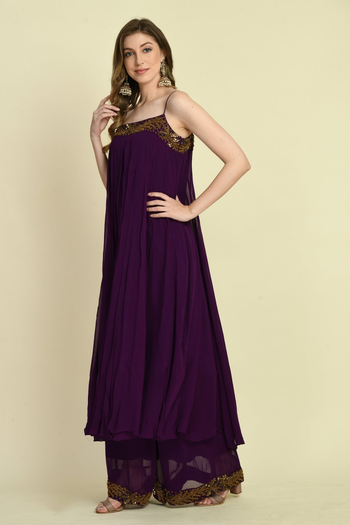 Hand Embellished Long Dress with Flared Palazzo — Dark Purple