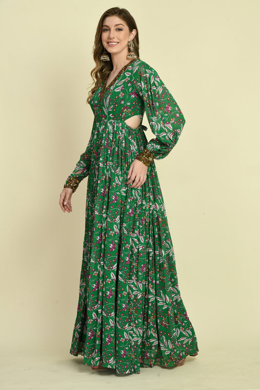 Floral Georgette V-Neck Hand Embellished Gathered Long Dress