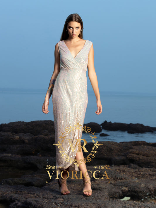 Sequin Sleeveless Overlapping Long Dress