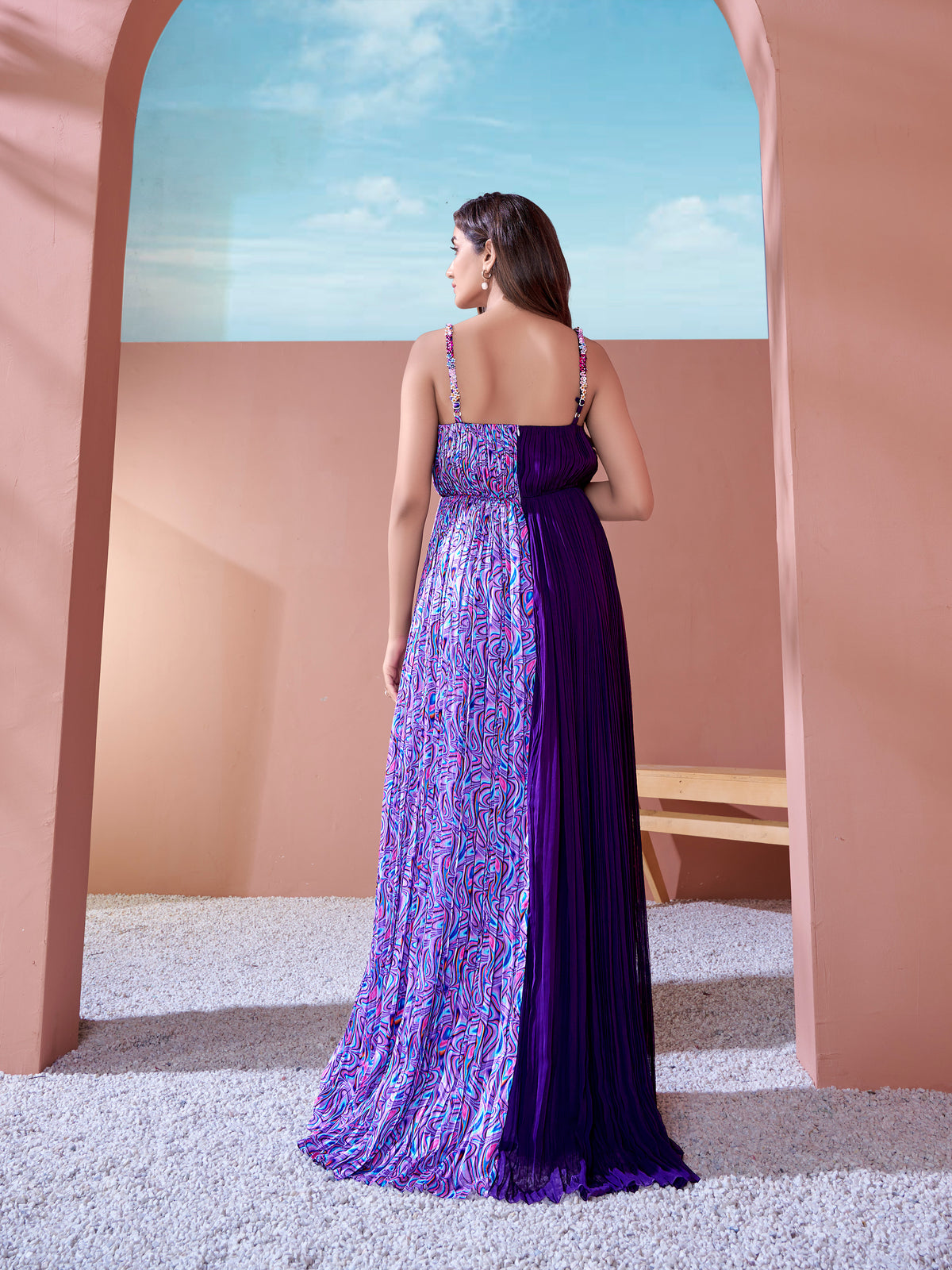 Purple Geometric Half-and-Half Long Dress with Embellished Belt