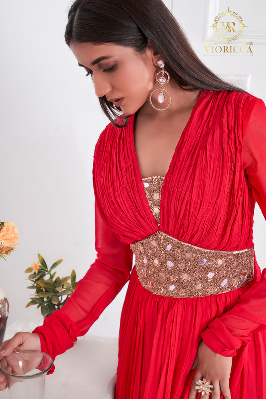Anaisha – Red Long Dress with Golden Embellished Waistband