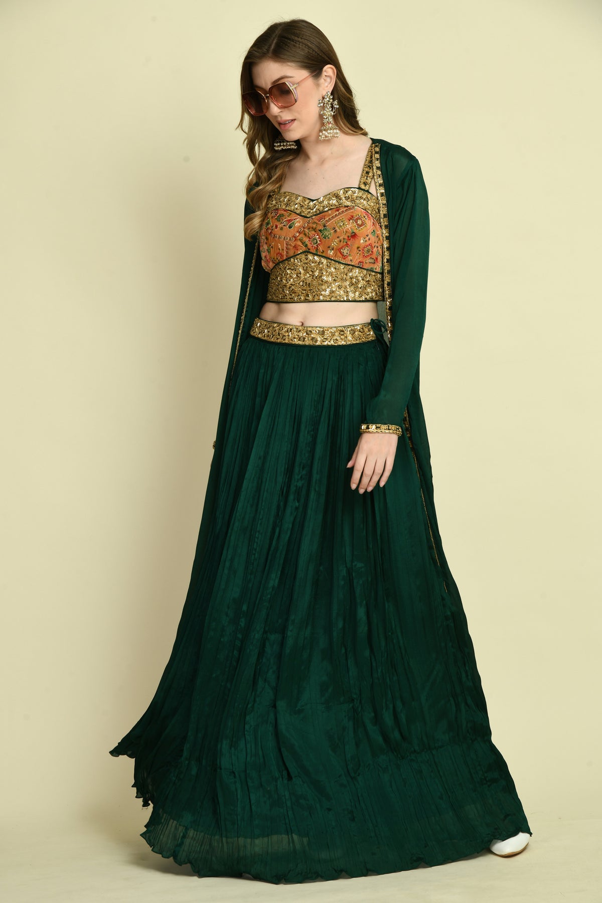3-Piece Velvet Crop Top, Gathered Skirt and Long Shrug Set