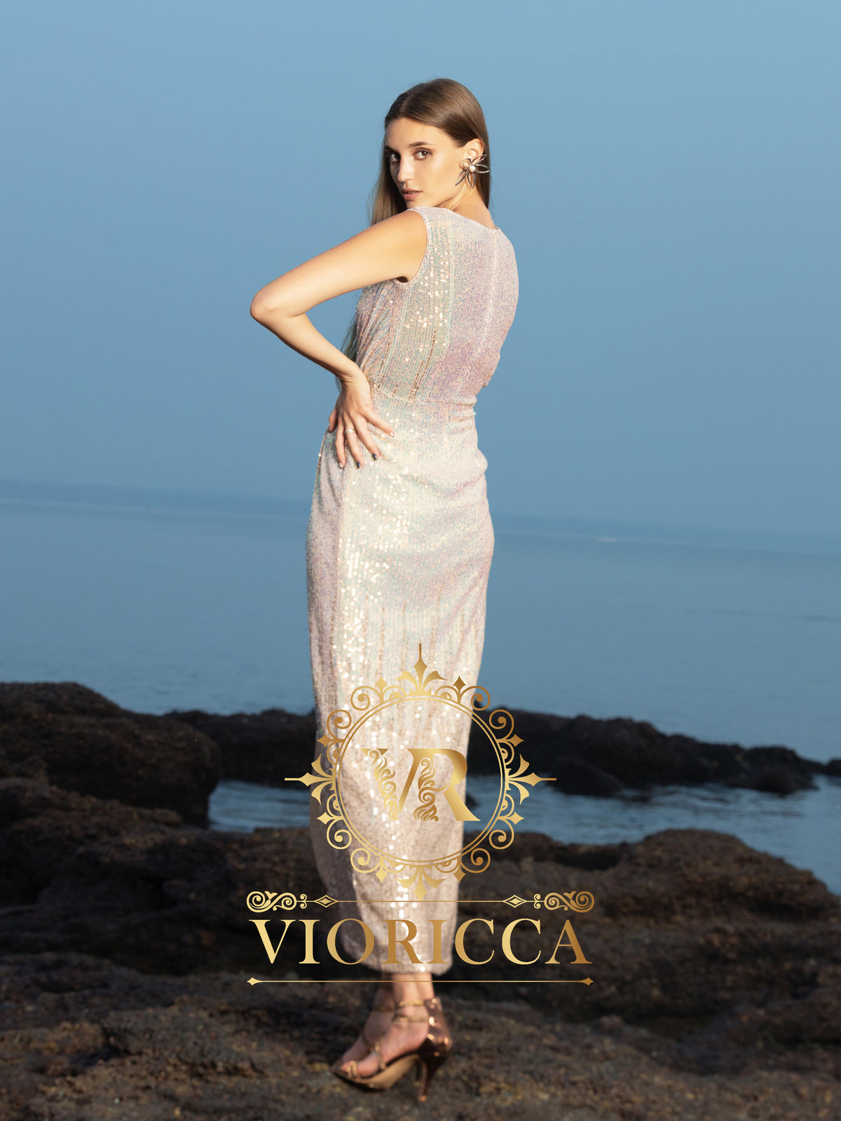 Sequin Sleeveless Overlapping Long Dress