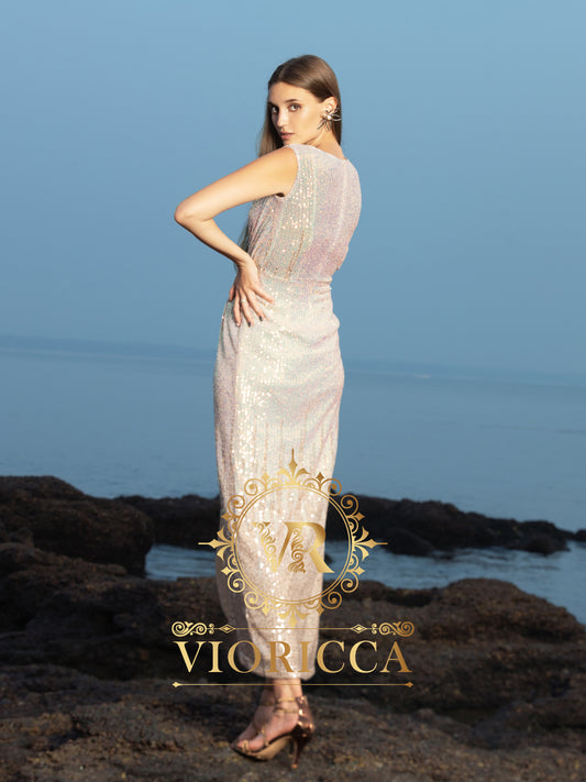 Sequin Sleeveless Overlapping Long Dress