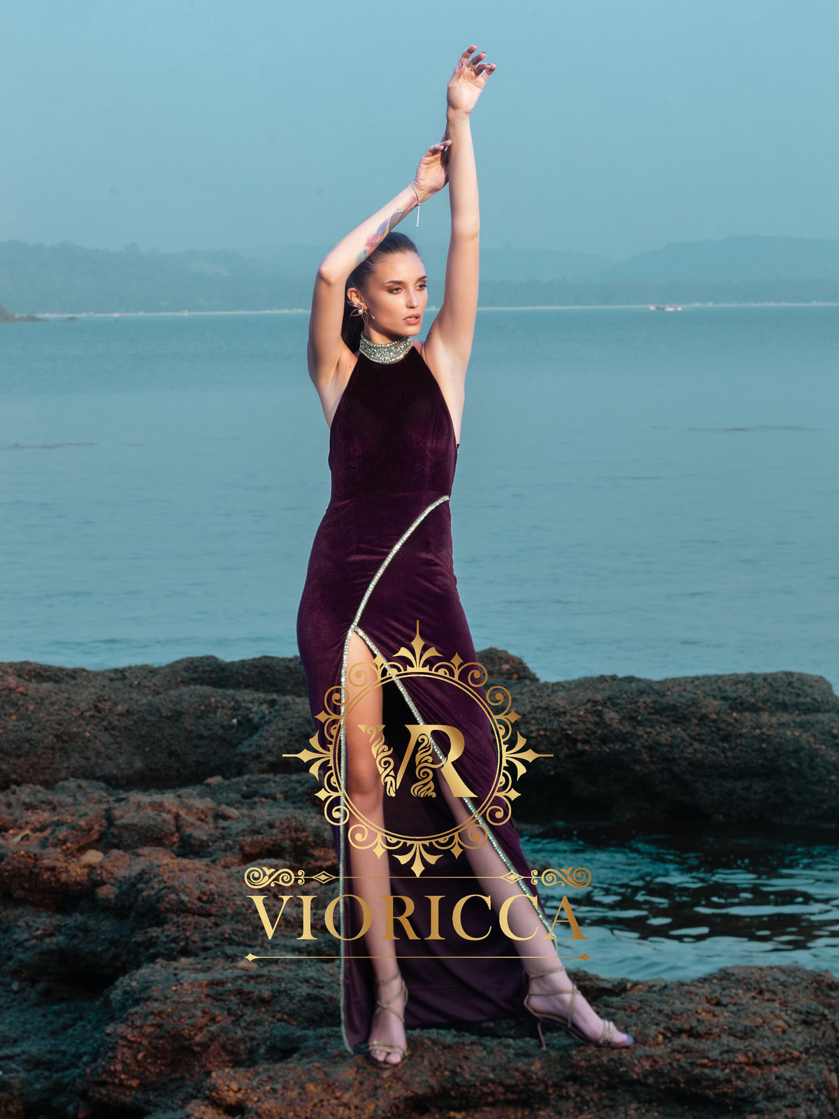 Wine Velvet Halter Backless Long Dress with Diamond Handwork