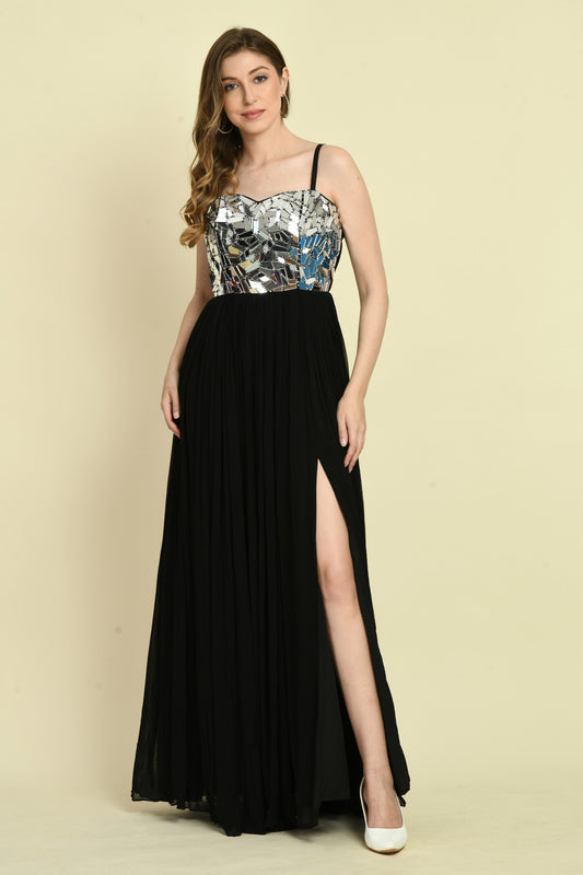 Black Mirror Work Hand Embellished Long Dress