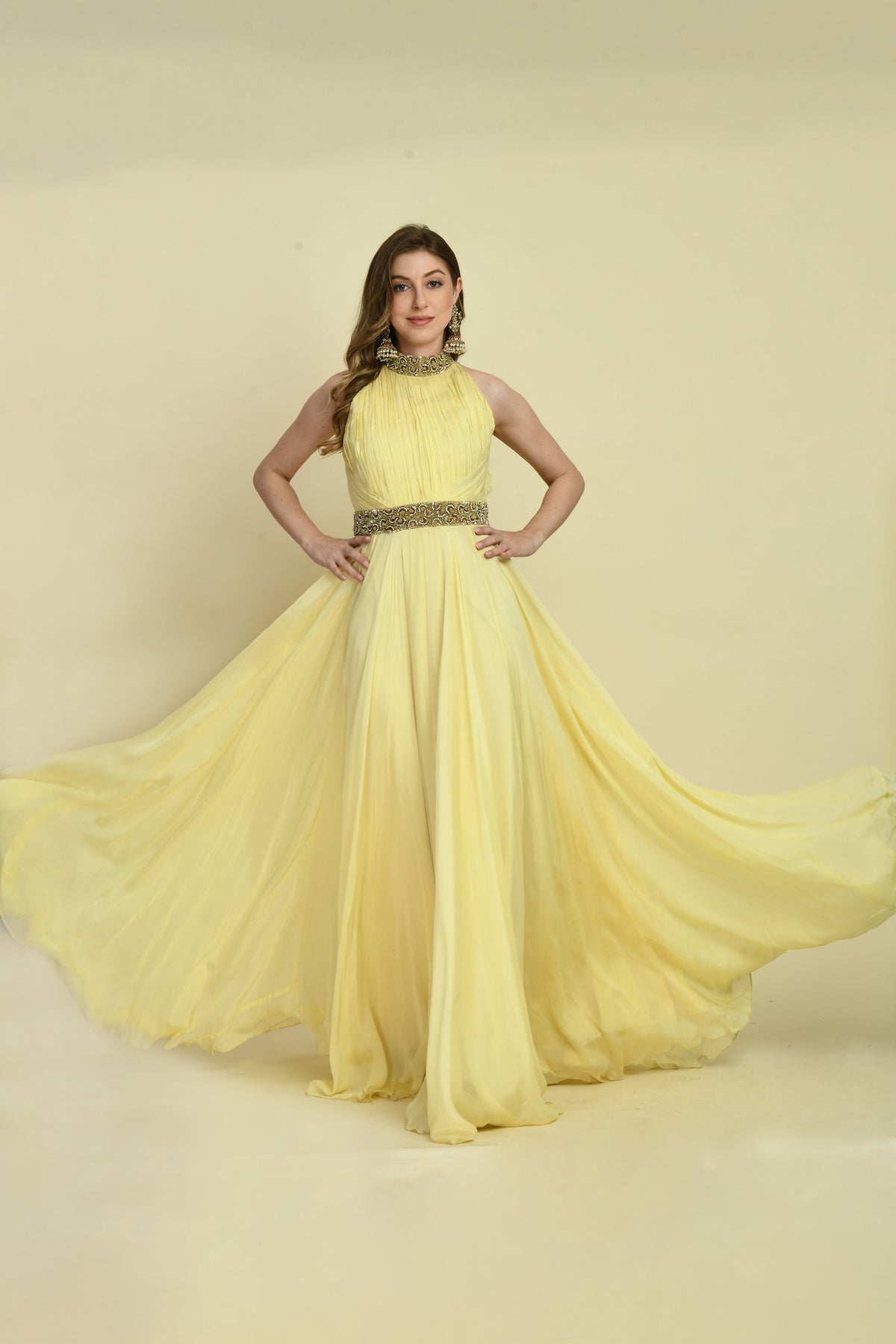 Pale Yellow Hand Embellished Halter Neck Organza Flared Dress