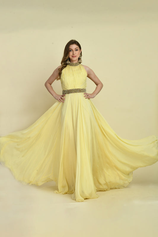 Pale Yellow Hand Embellished Halter Neck Organza Flared Dress