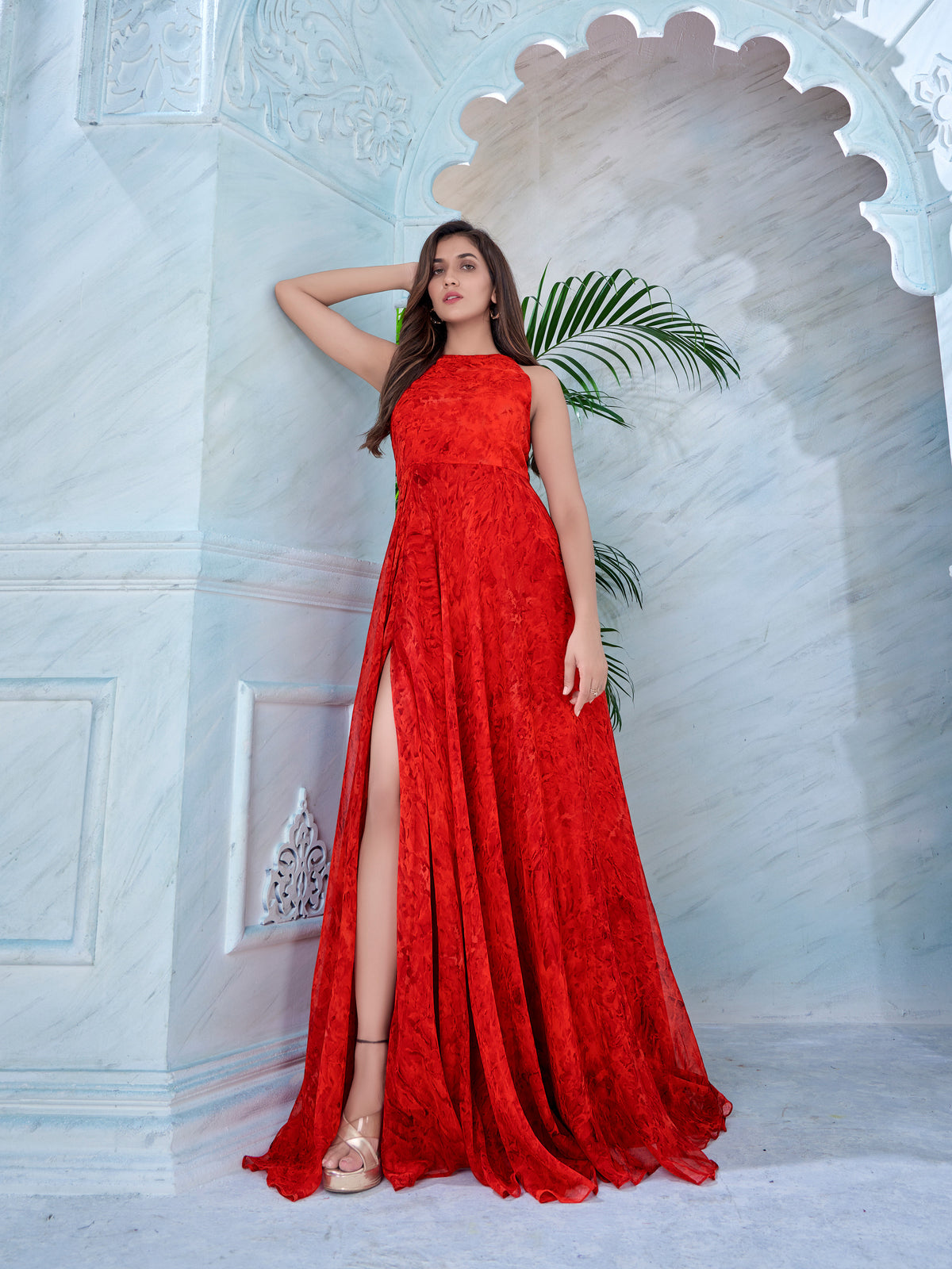 Red Prism Print Halter Neck Front-Slit Long Dress
