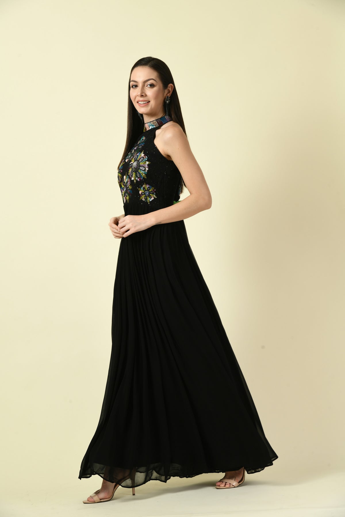 Black Hand Embellished Halter Neck Long Dress