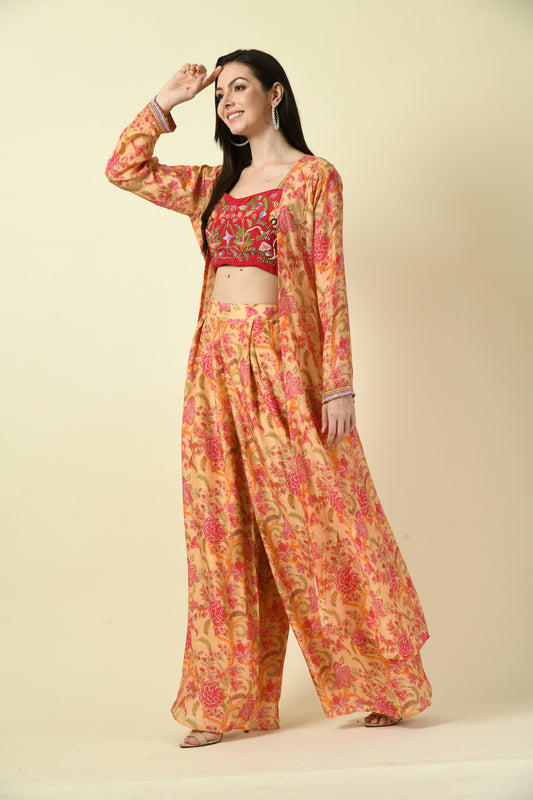 3-Piece Floral Long Shrug, Hand Embellished Crop Top and Trouser Set