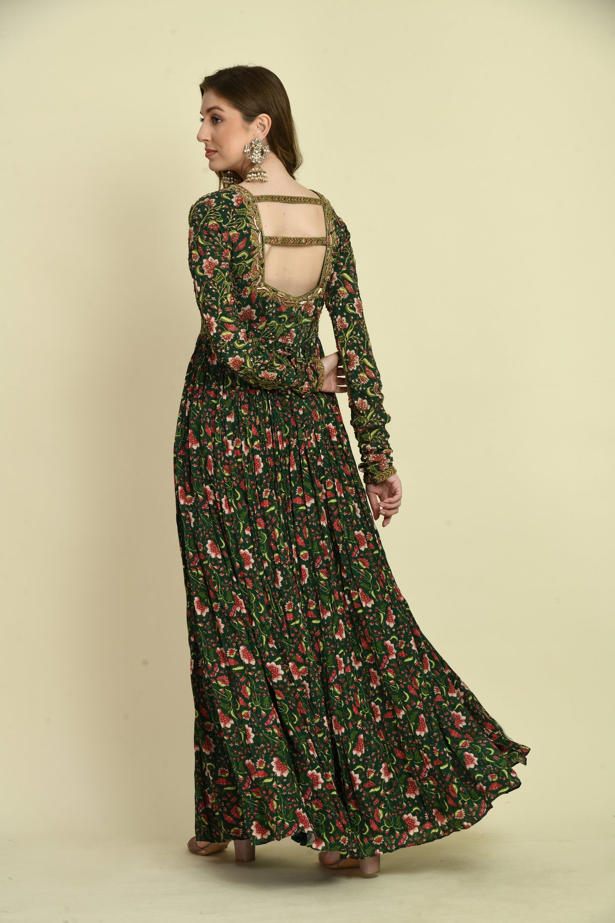 Green Floral Hand Embellished Full-Sleeve Long Dress with Designer Back