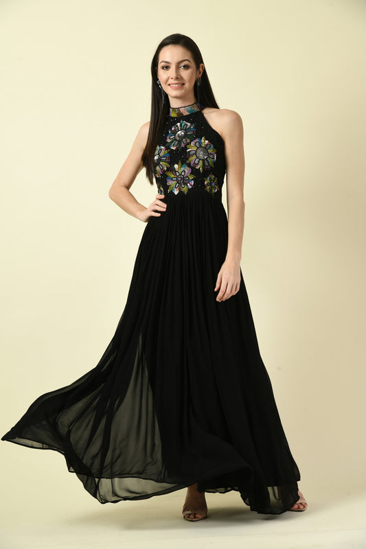 Black Hand Embellished Halter Neck Long Dress