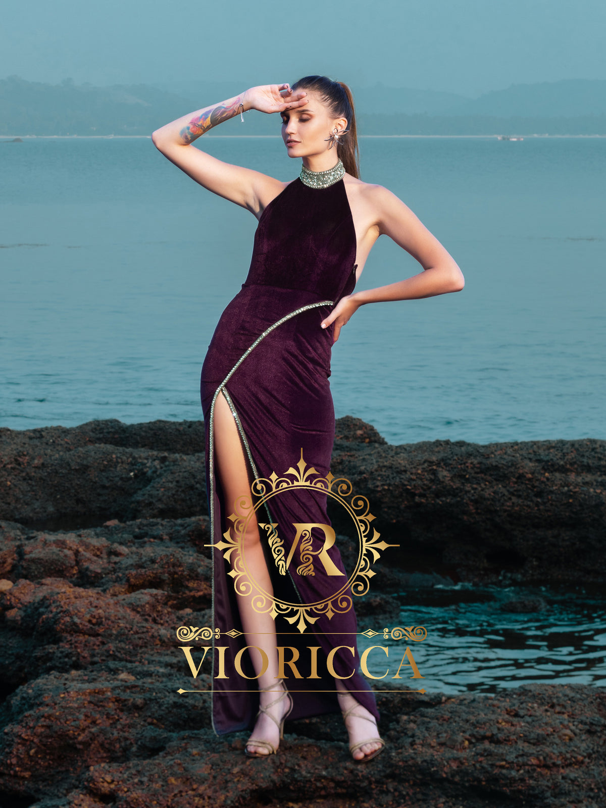 Wine Velvet Halter Backless Long Dress with Diamond Handwork