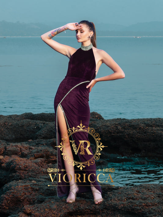 Wine Velvet Halter Backless Long Dress with Diamond Handwork