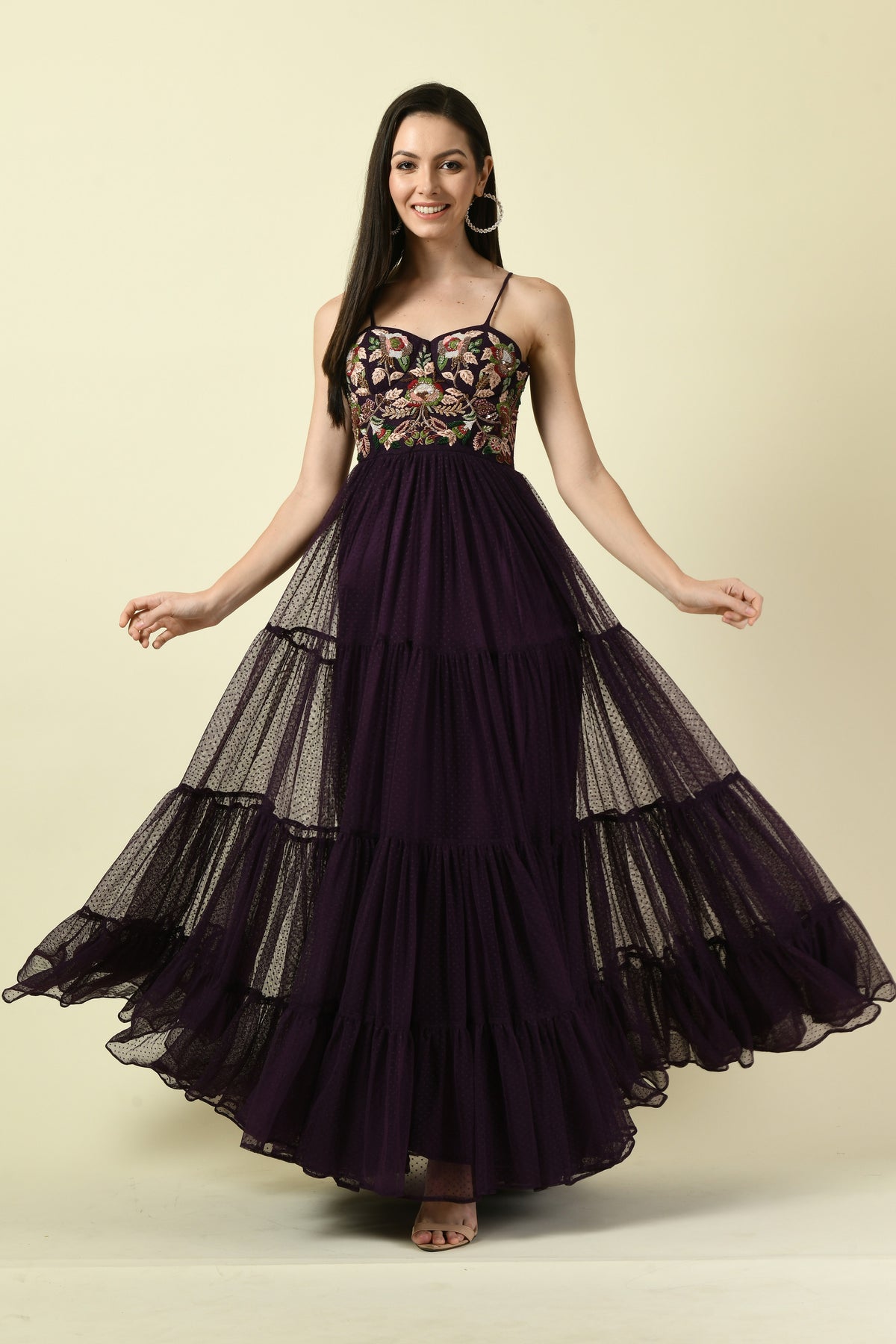 Wine Thread Hand Embellished Flared Net Long Dress