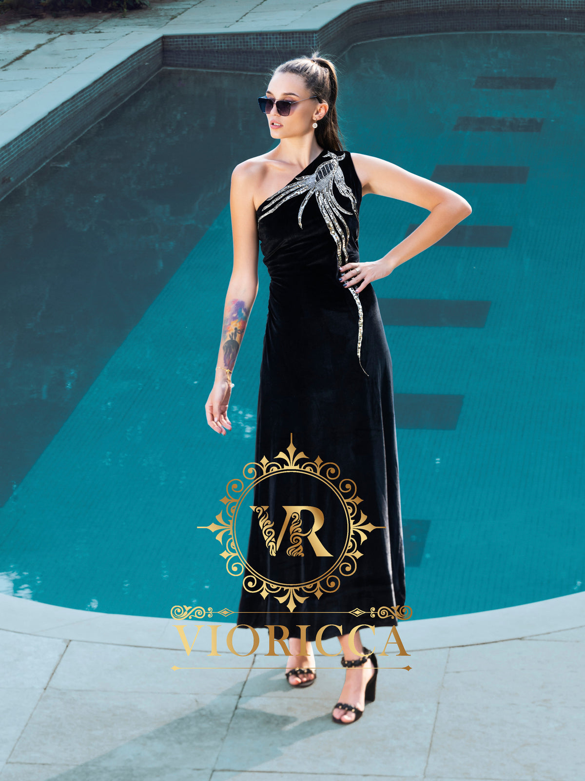 Black Velvet Asymmetric Long Dress with Hand Embroidered Shoulder