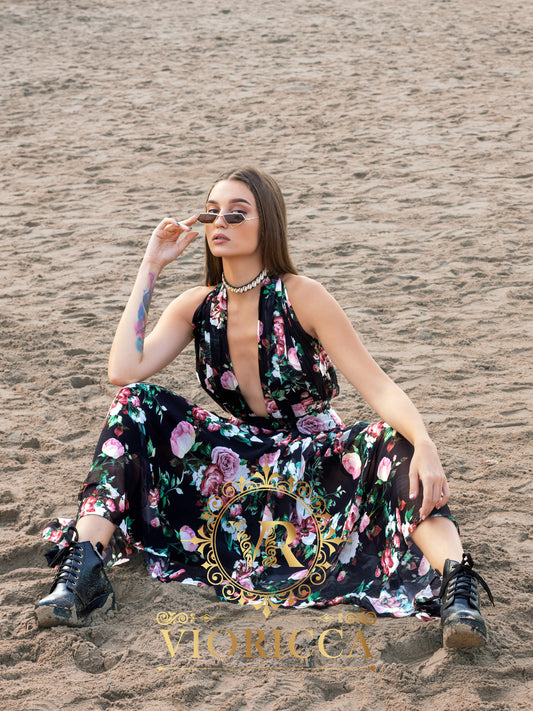 Cross-Front Backless Maxi Dress — Floral Print