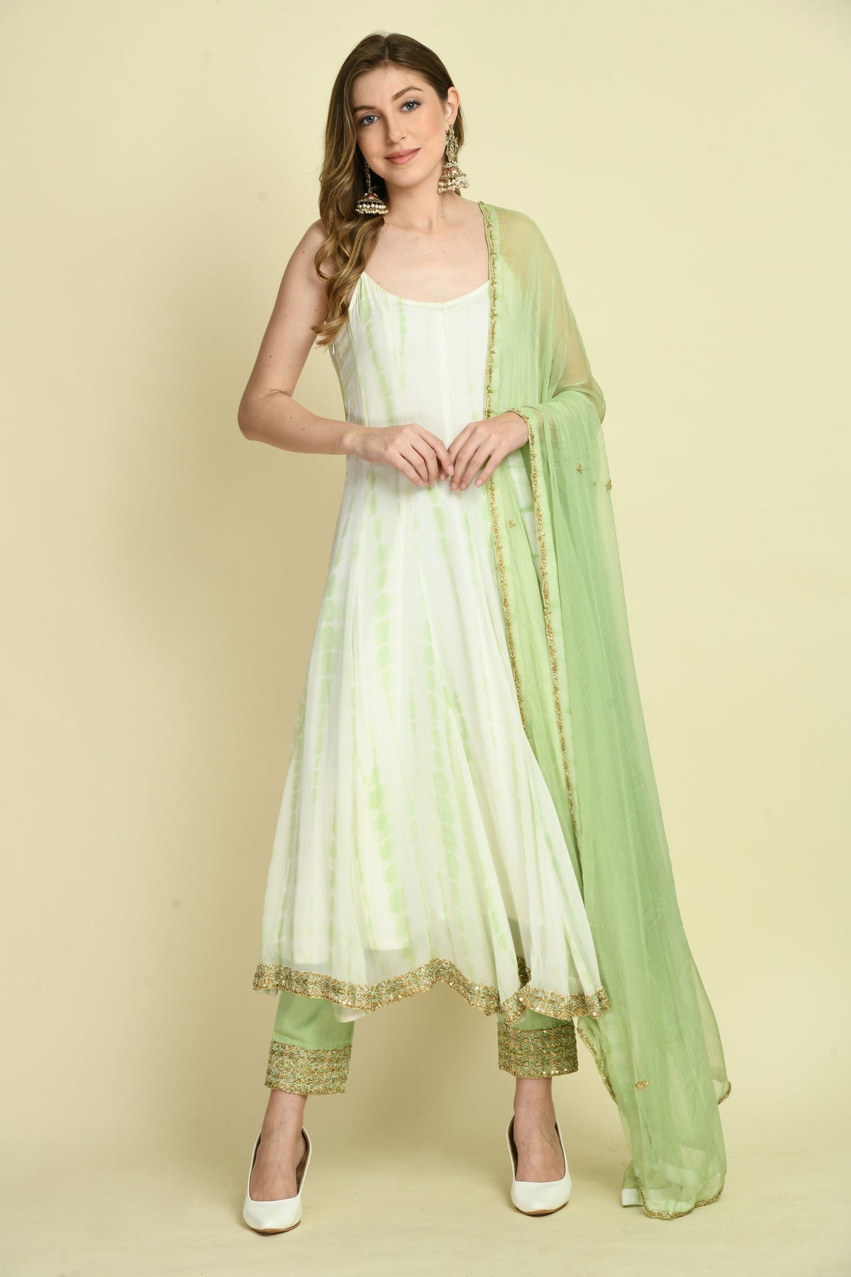Hand Embellished Long Dress Set with Straight Pant and Dupatta