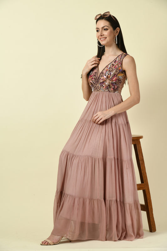 Onion Pink Hand Embellished Sleeveless Long Dress