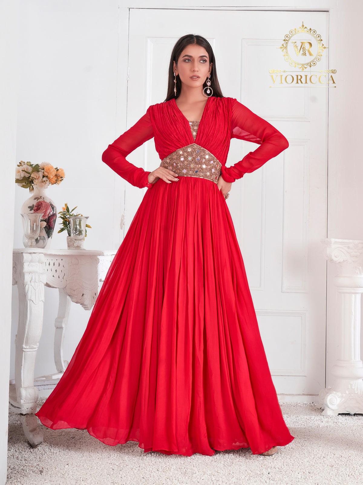 Anaisha – Red Long Dress with Golden Embellished Waistband