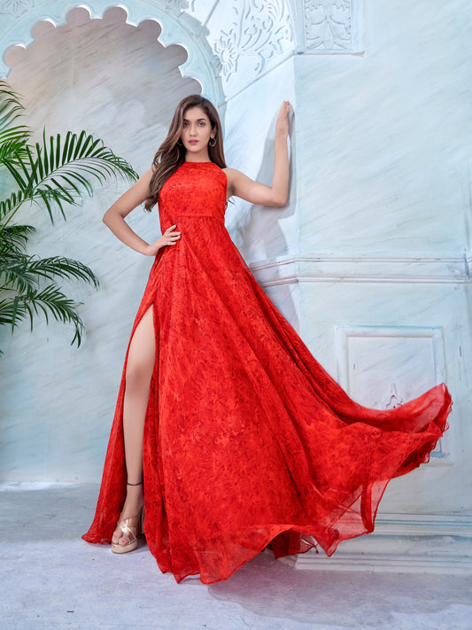 Red Prism Print Halter Neck Front-Slit Long Dress
