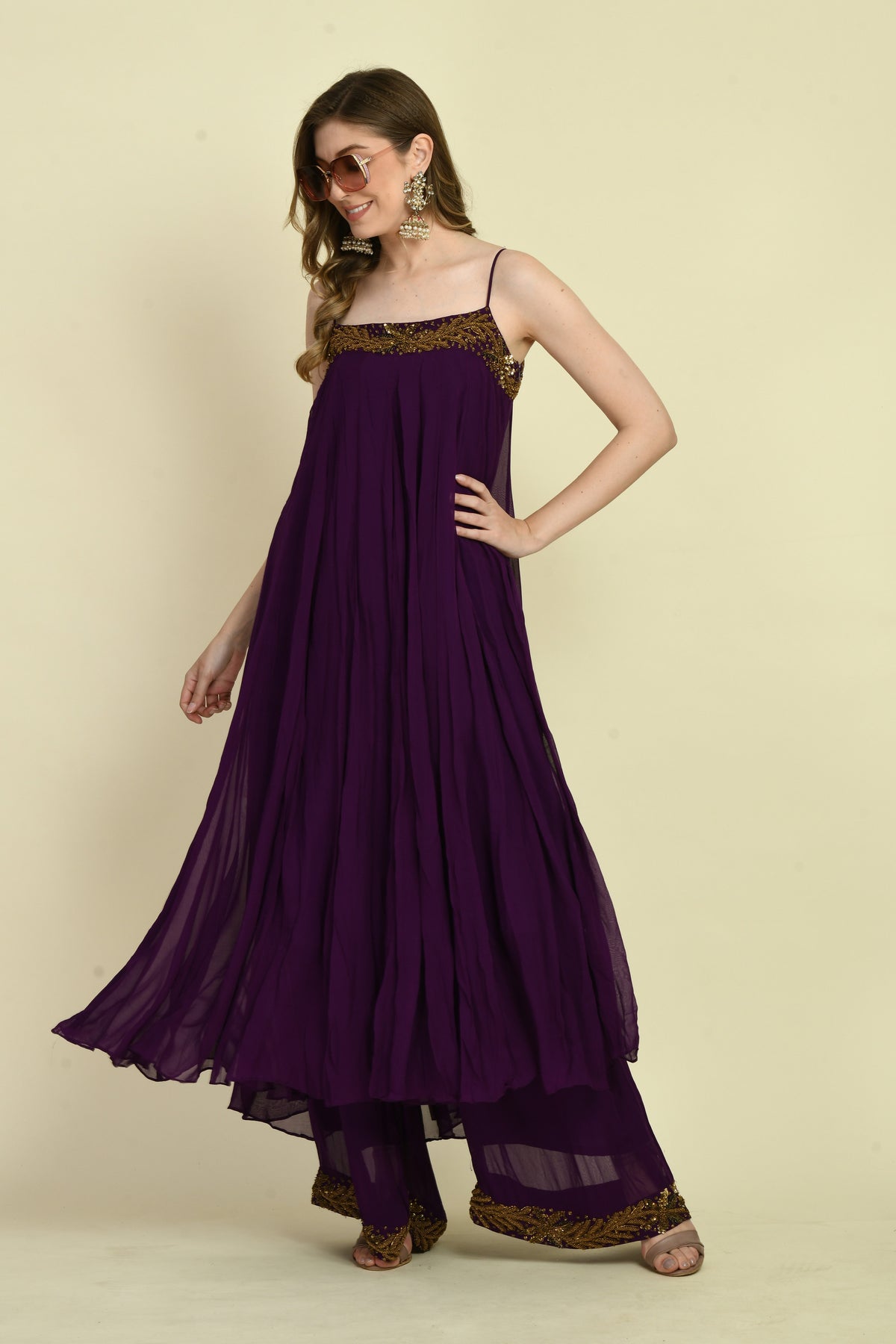 Hand Embellished Long Dress with Flared Palazzo — Dark Purple