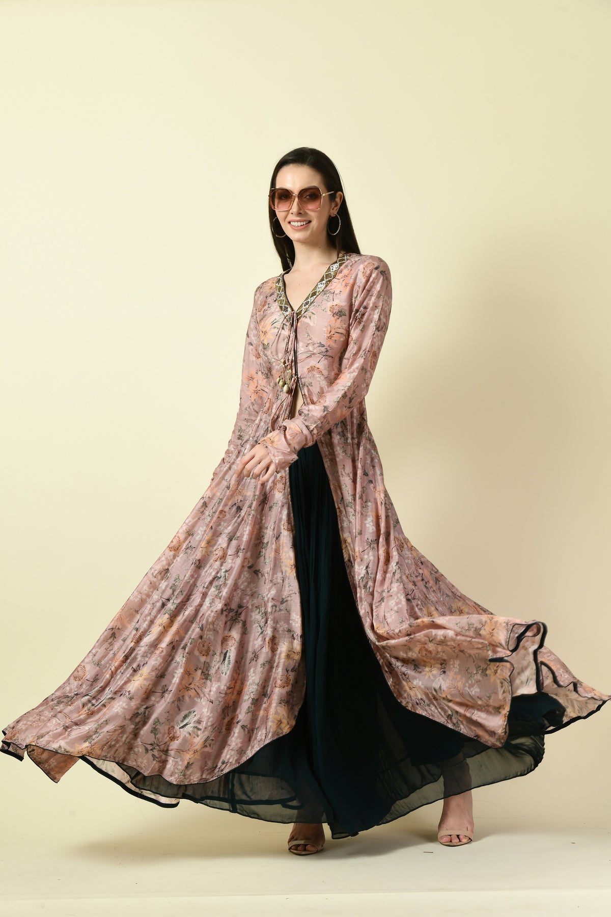 Onion Pink Hand Embellished Floral Kurti with Bottle Green Palazzo