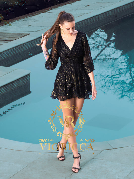 Black and Gold Foil Double-Frill Chiffon Short Dress