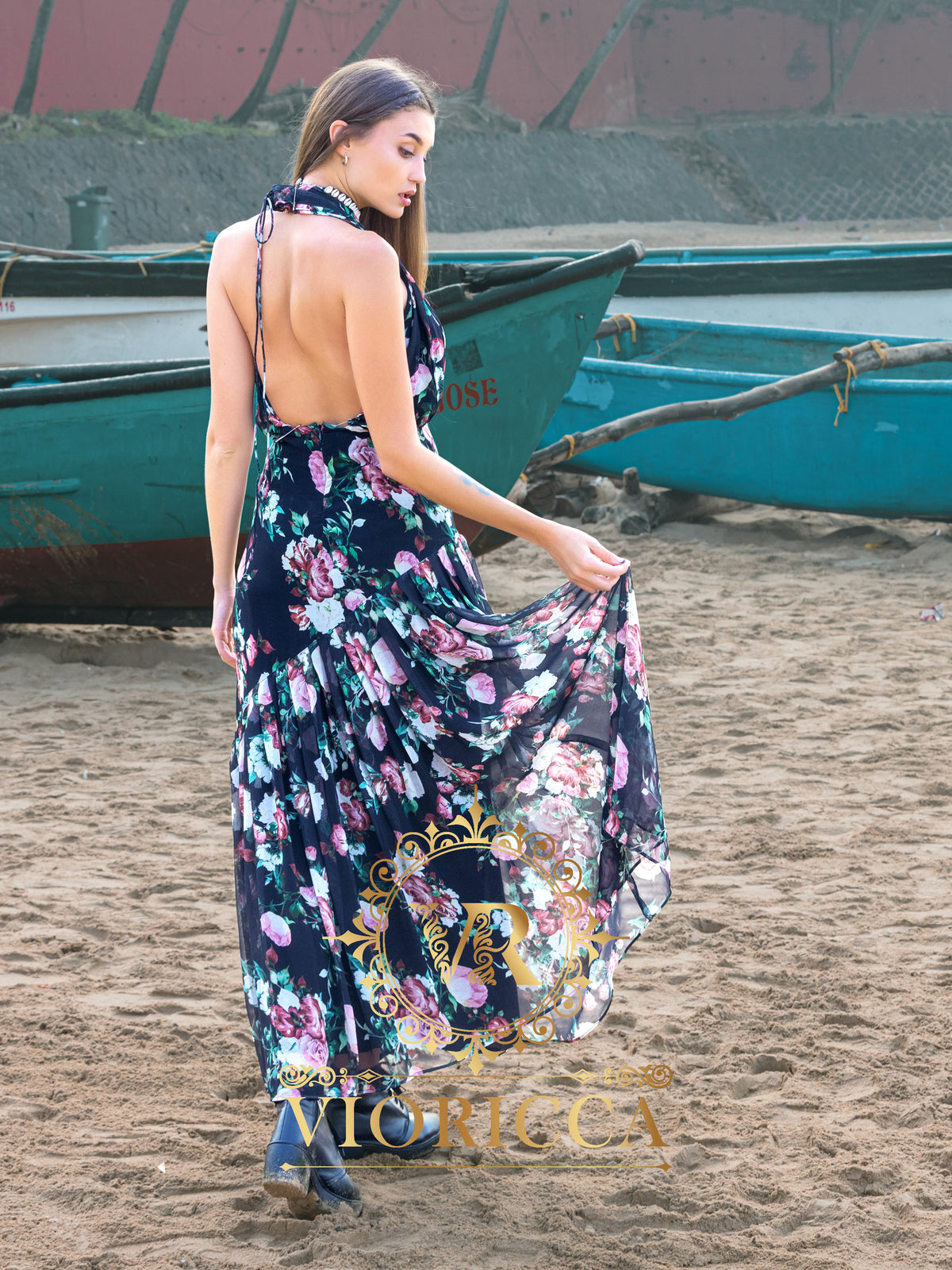 Cross-Front Backless Maxi Dress — Floral Print