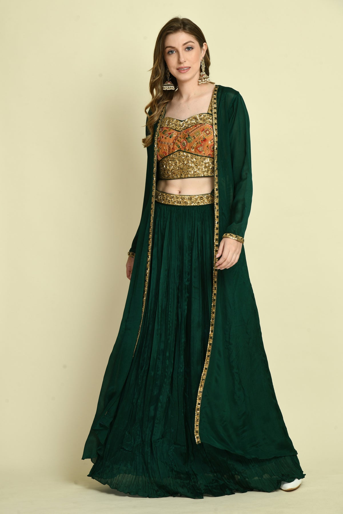 3-Piece Velvet Crop Top, Gathered Skirt and Long Shrug Set