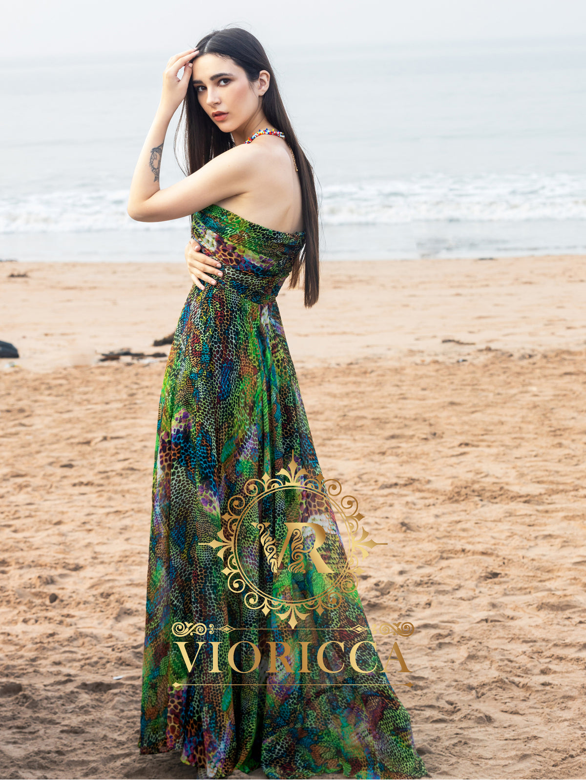 Strapless Heavy-Flare Resort Long Dress – Green Cheetah Print