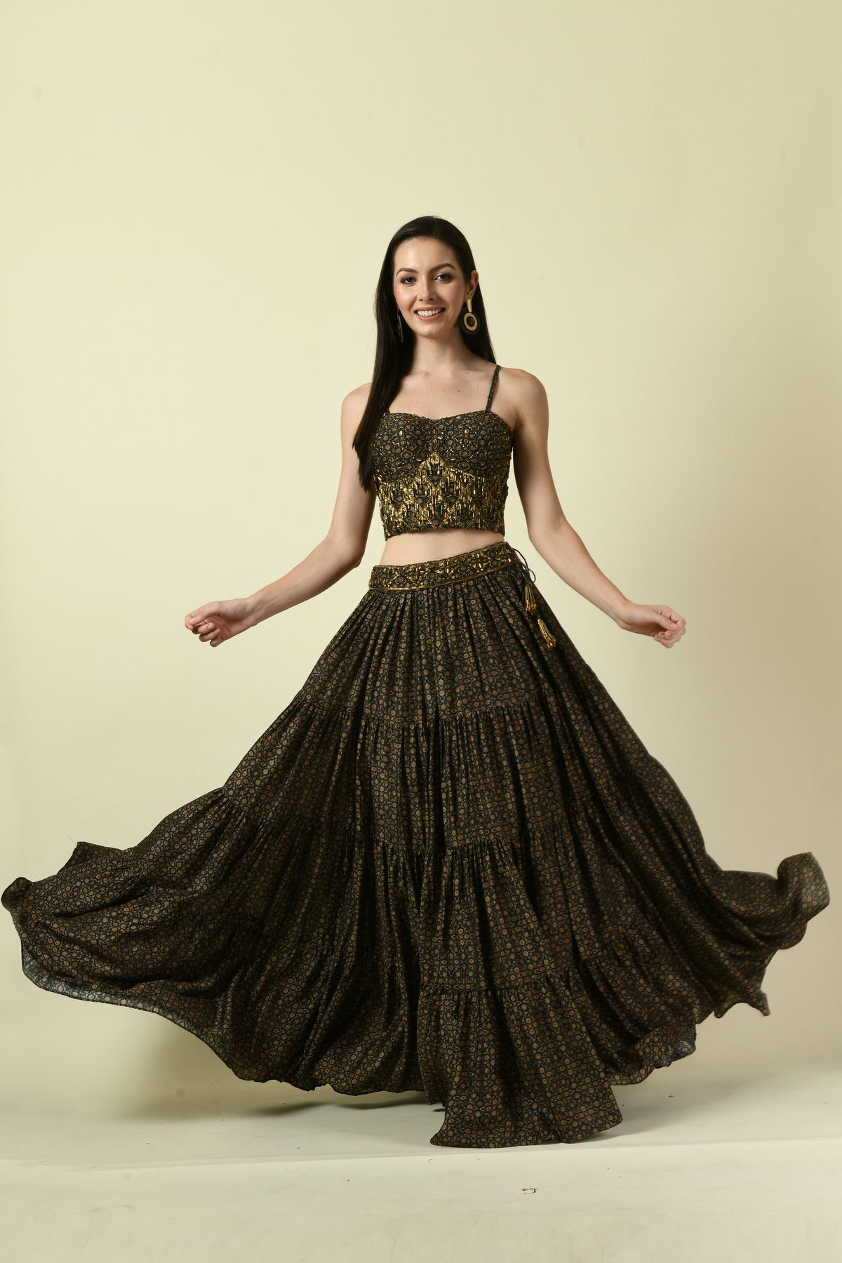 Hand Embellished Printed Bustier and Lehenga Set