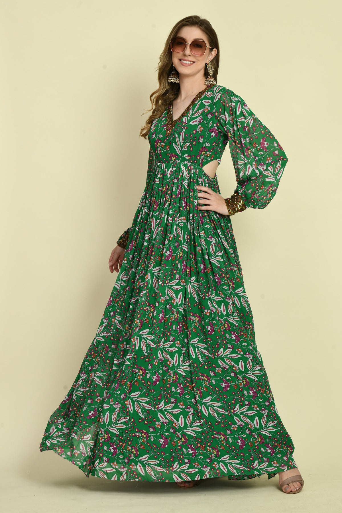 Floral Georgette V-Neck Hand Embellished Gathered Long Dress