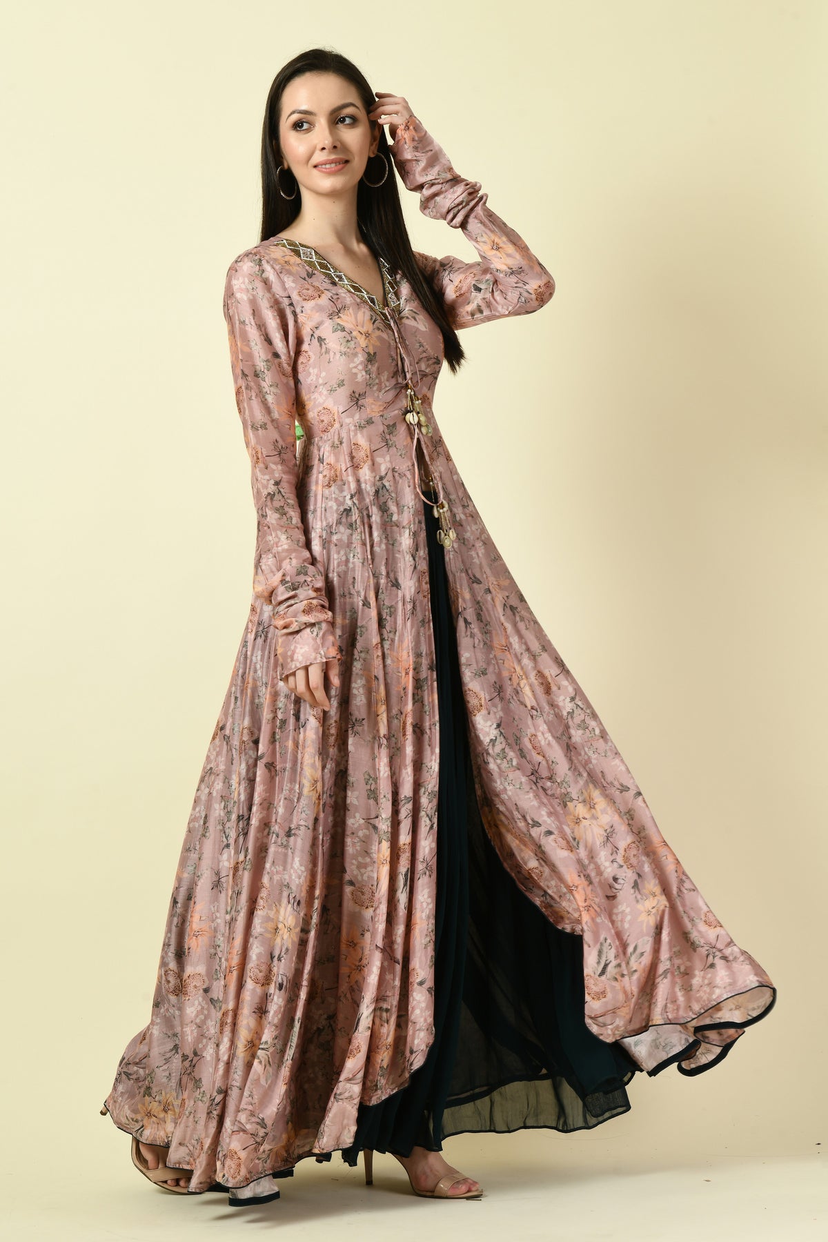 Onion Pink Hand Embellished Floral Kurti with Bottle Green Palazzo