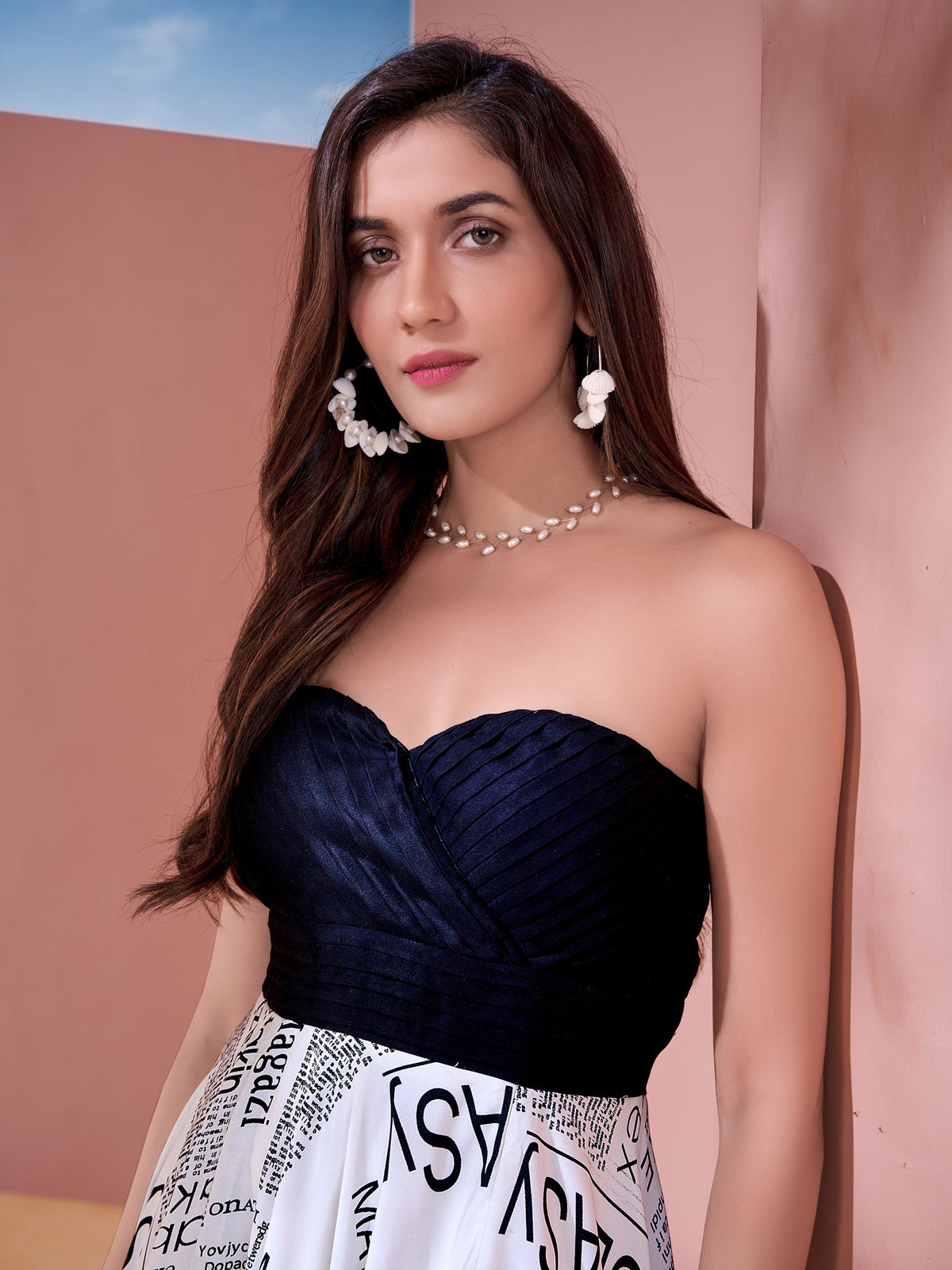 Newspaper Print Long Flared Dress with Black Bustier