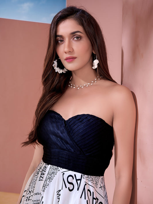 Newspaper Print Long Flared Dress with Black Bustier