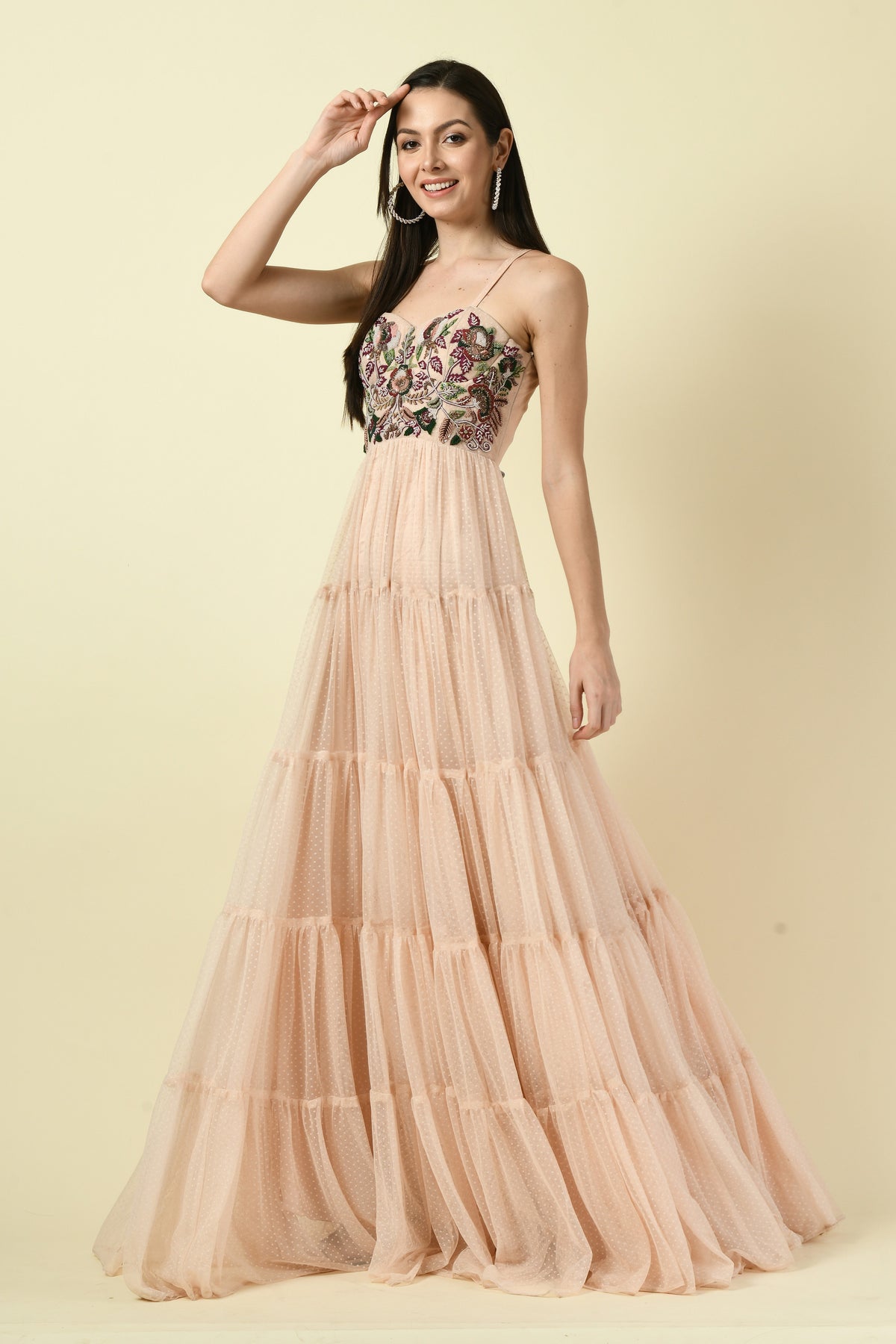 Peach Thread Hand Embellished Flared Net Long Dress