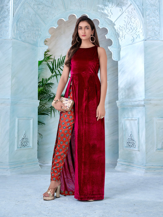 Maroon Halter Neck Kurti with Printed Gajji Straight Pant