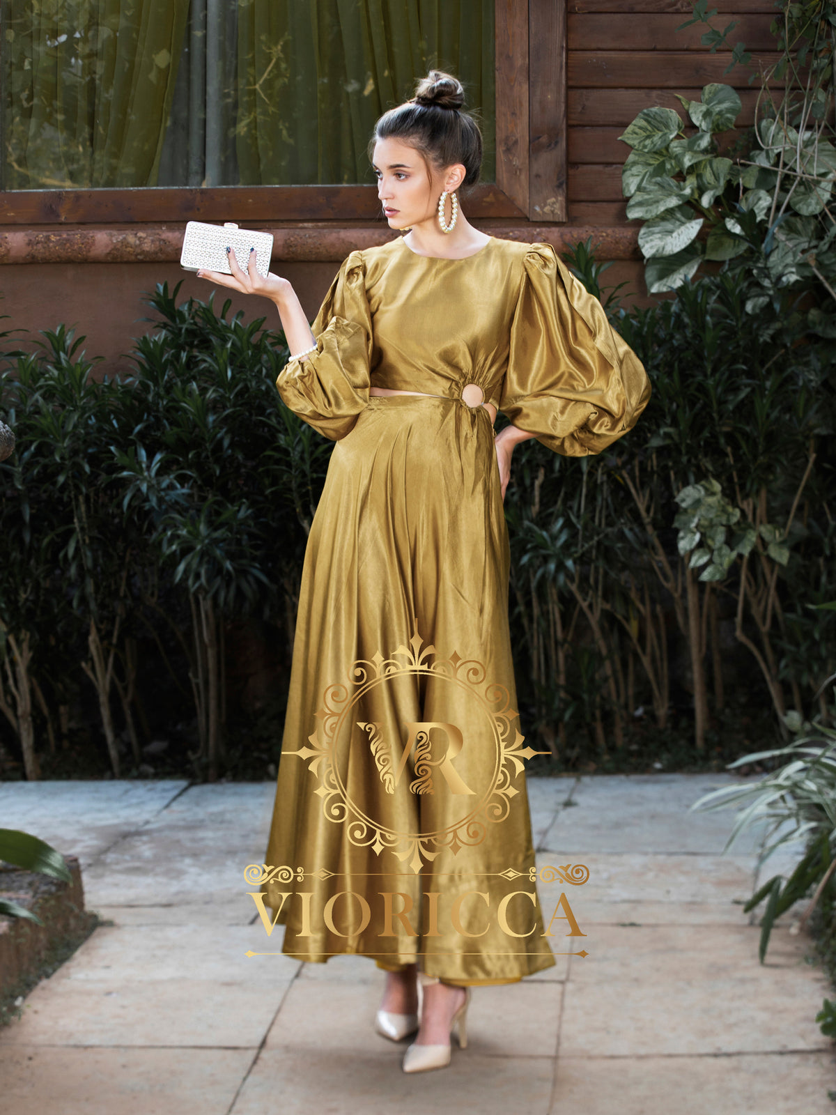 Oversized-Sleeve Ring Waist Gajji Silk Long Dress