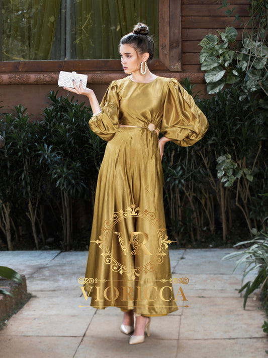 Oversized-Sleeve Ring Waist Gajji Silk Long Dress