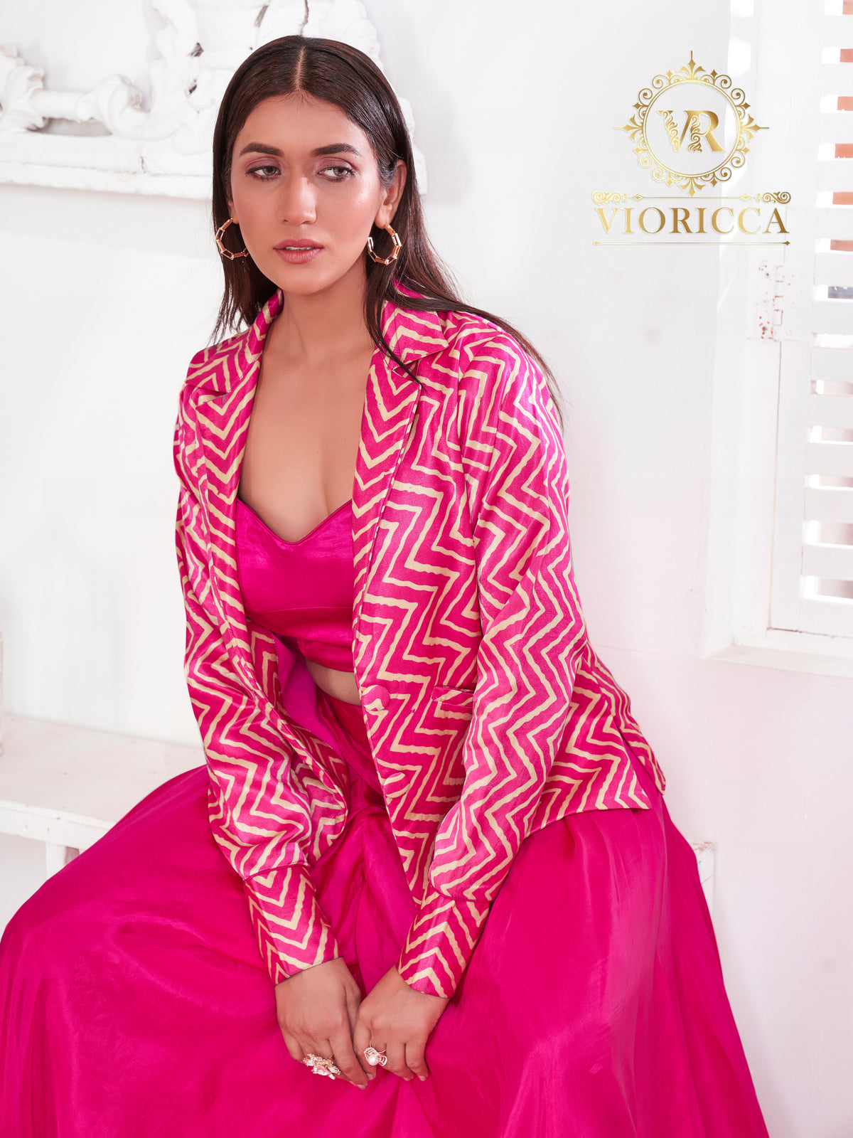 Pink Geo Print Blazer, Crop Top and Lehenga Set